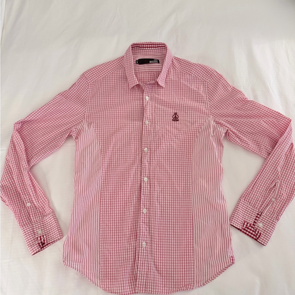 Love Moschino pink white gingham checkered button-up shirt Size Men  M valentine